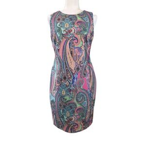 Tommy Hilfiger Dress Womens 8 Multi Paisley Sleeveless Sheath Back Zip Cocktail‎
